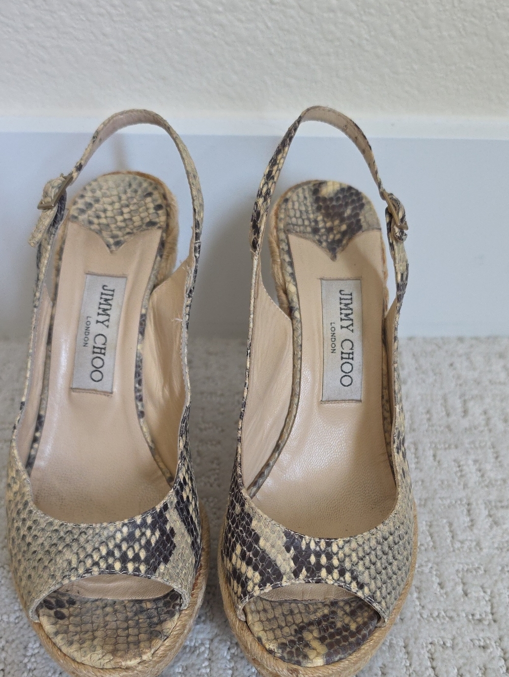 Jimmy Choo Women’s Python-Print Slingback Wedges in Beige